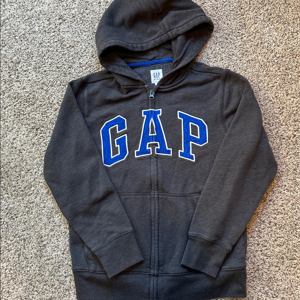 GAP Charcoal Gray boys full zip Hoodie with Vibrant Blue Lettering size 8 medium